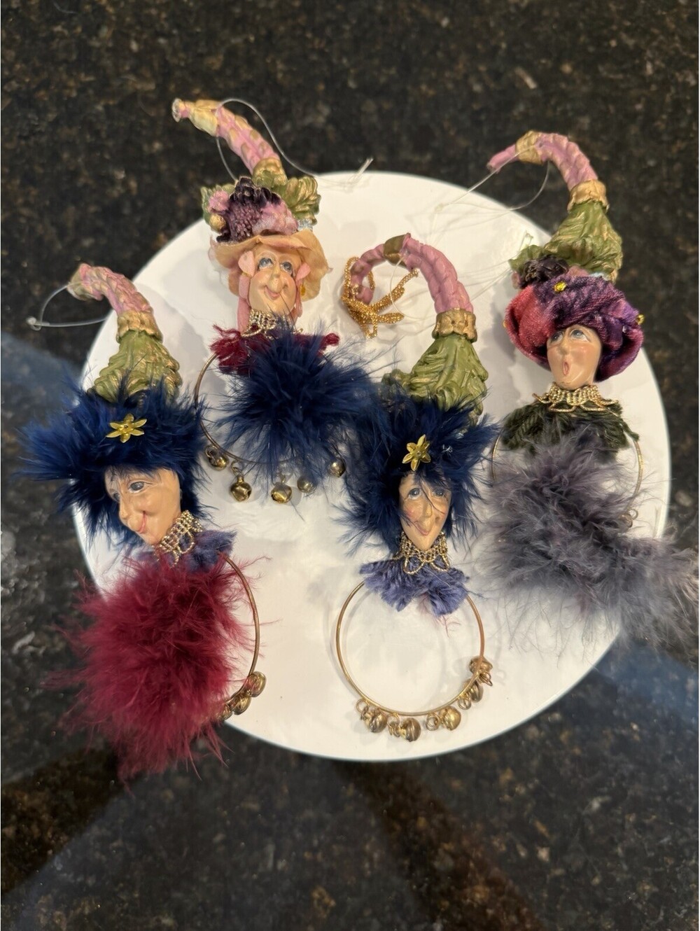 Vtg Set Of 4 Katherines Collection By Wayne Kleski Feathered Ornaments Rare Set